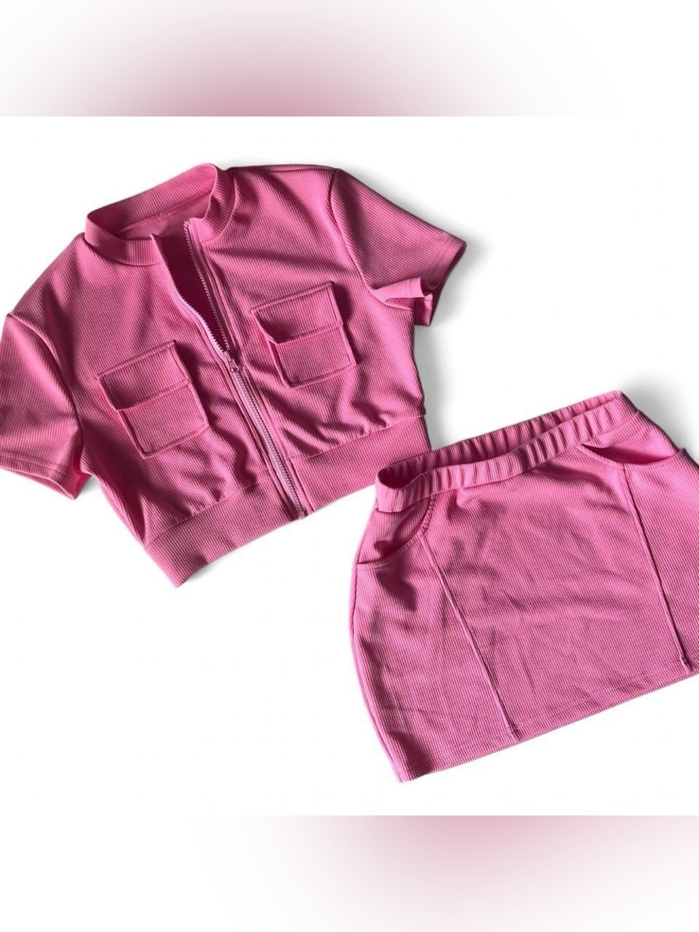 Pink Two-Piece Zip Crop Top & Mini Skirt Set